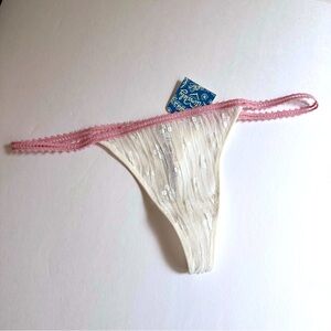 Free People Gabriella Lace Thong Ivory Pink Trim Plissé Floral XS NWT